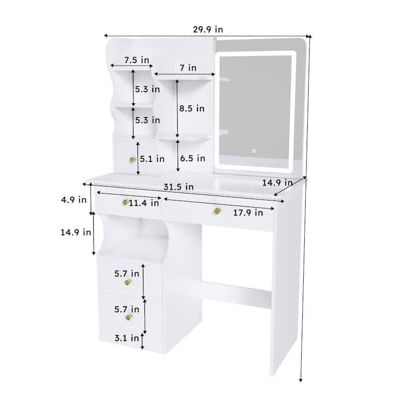 White dressing table, mirror and LED light, 5-drawer dressing table, movable and hidden mirror, 3-color mode touch screen
