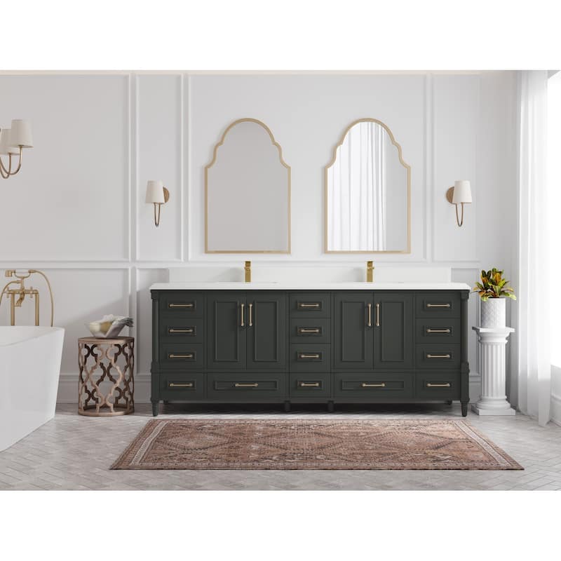 Willow Collections 84 in. W x 22 in. D Aberdeen Double Bowl Sink Bathroom Vanity with Countertop - 1.5" White Quartz - Black Top