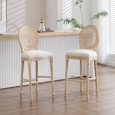 Dining Chairs Set of 2, Upholstered Chairs with Nature Rattan Round Back, Wire Drawing and Carving Techniques,Disassemblable