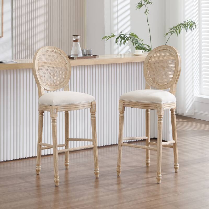 French Country Dining Chairs Set of 2, Upholstered Chairs with Nature Rattan Round Back, Wire drawing and carving techniques - Beige