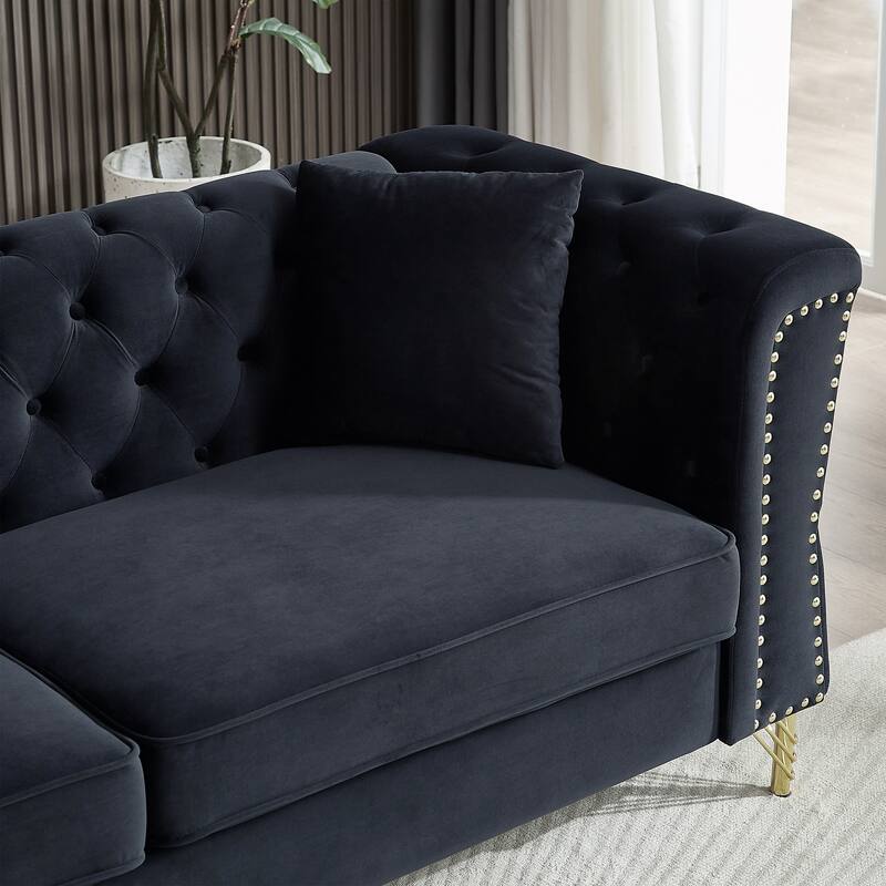 60.2" Chesterfield Velvet Sofa, 2-Seater Tufted Couch with Nailhead Trim and Metal Legs, Ideal for Living Room