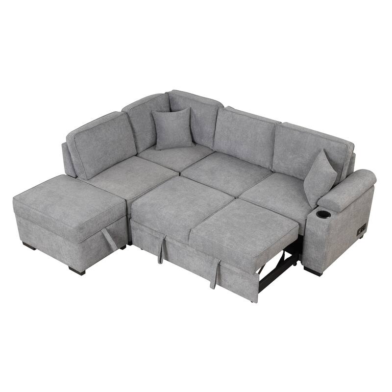 Sleeper Sofa Bed with Storage Ottoman, 2 in 1 Convertible Sectional Sofa Couch, Linen 4-Seater Sofa with Cup Holder