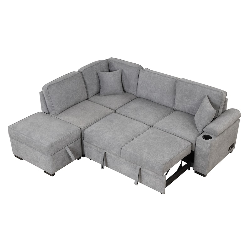 Velvet Convertible Sleeper Sectional Sofa, Pull-Out Couch Bed, L-Shaped Corner Sofa with USB Ports and Dual Power Sockets