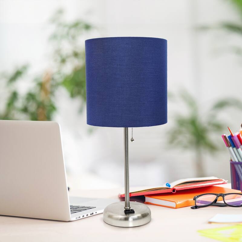 19.5 in. Brushed Steel Finish Table Lamp with Blue Shade, Sturdy Table Lamp for Living Rooms and Bedrooms