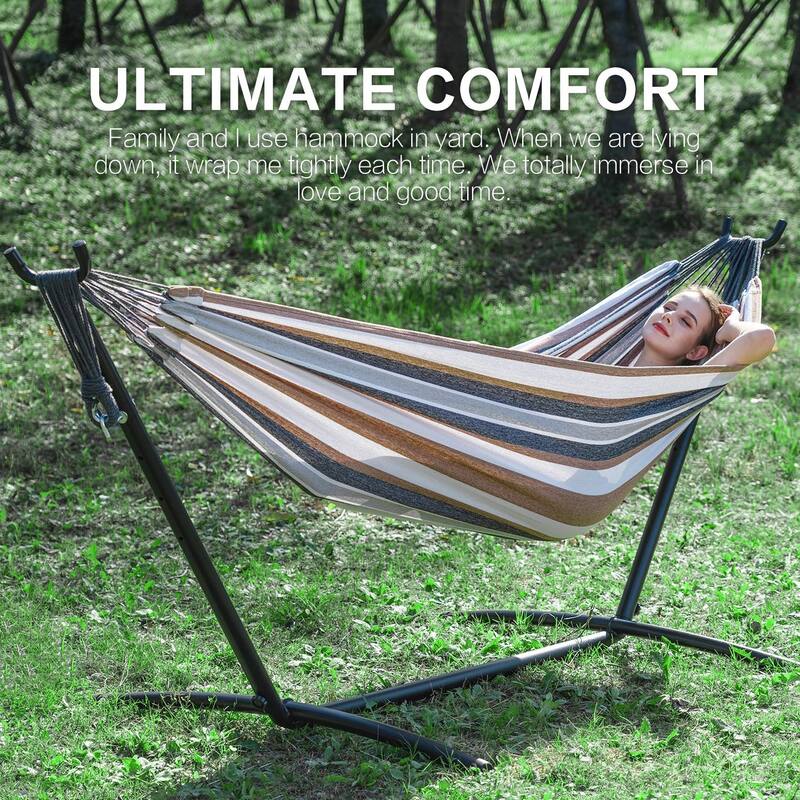 Double Hammock with Space Saving Steel Stand Included 2 Person Heavy Duty Outside Garden Yard