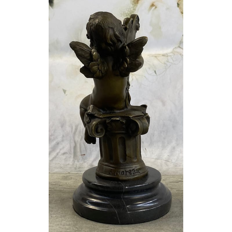 Bronze Cherub Playing Harp Cherubim Statue Sculpture Figure Moreau 8 Inches X 5 Inches