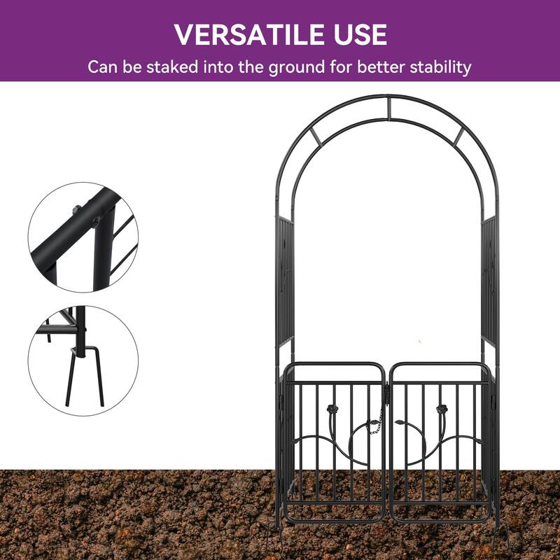 Garden Arch with Gate, Metal Garden Arbor for Climbing Plants Outdoor, Black Garden Archway for Lawn,Wedding Arches for Ceremony - Black