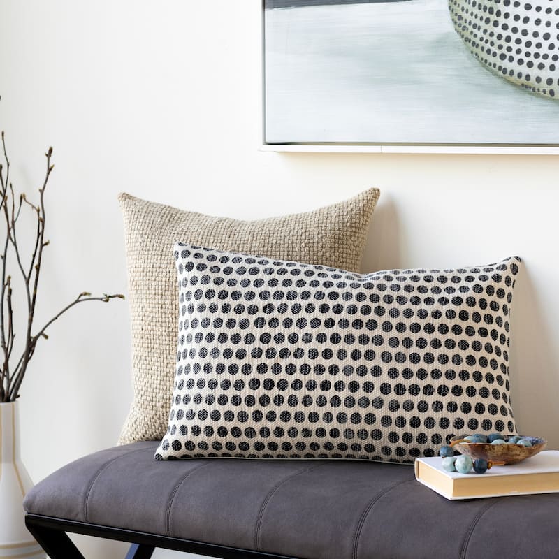 Faizah Block Print Dotted Cotton Throw Pillow - 14"H x 22"W - Feather Down - Black