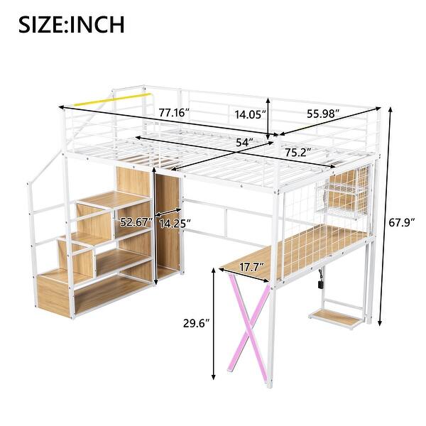 dimension image slide 0 of 2, Gaming Metal Loft Bed with Built-in Work Station & Wardrobe, Heavy Duty Loft Bed Frame with Storage Staircase and LED Lights