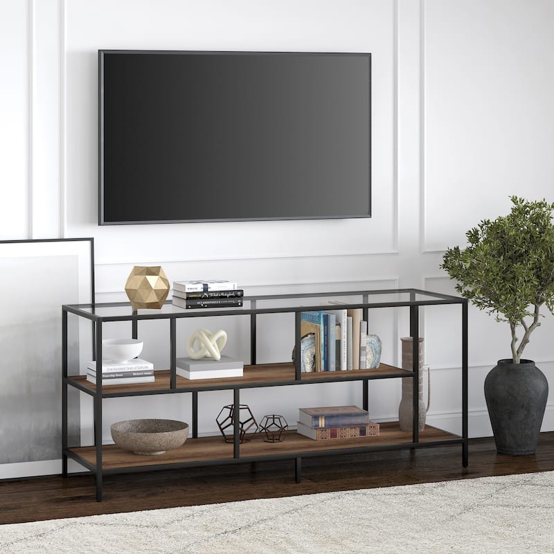 Winthrop TV Console - 55" Blackened Bronze Glass Top/Rustic Oak Shelves