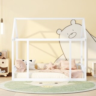 Floor Wooden Bed with House Roof Frame and Safety Guardrails