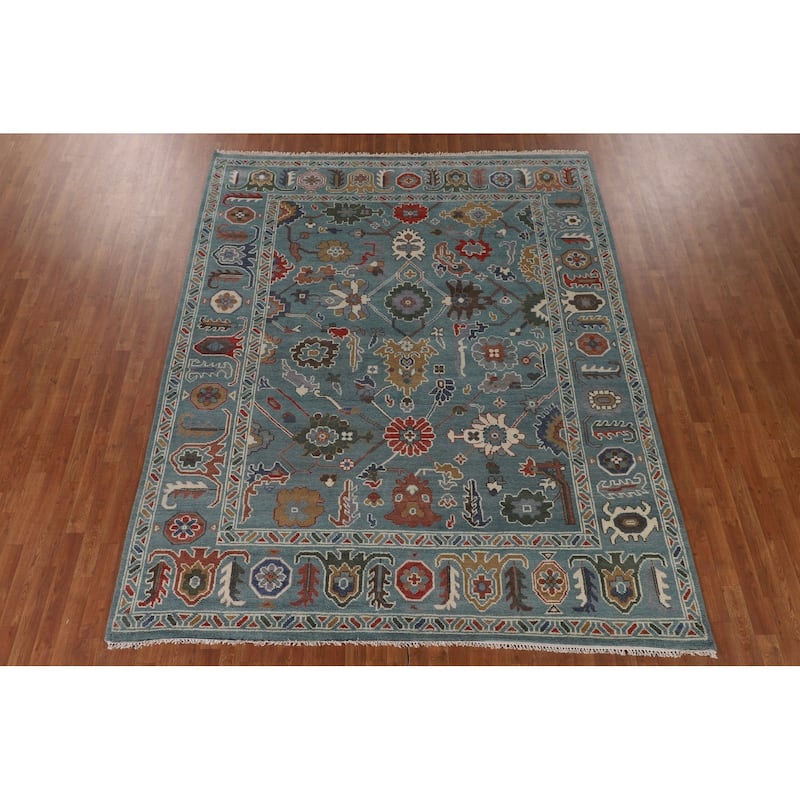 Floral Blue Oushak Oriental Area Rug Hand-Knotted Wool Carpet - 8'1"x 9'11"