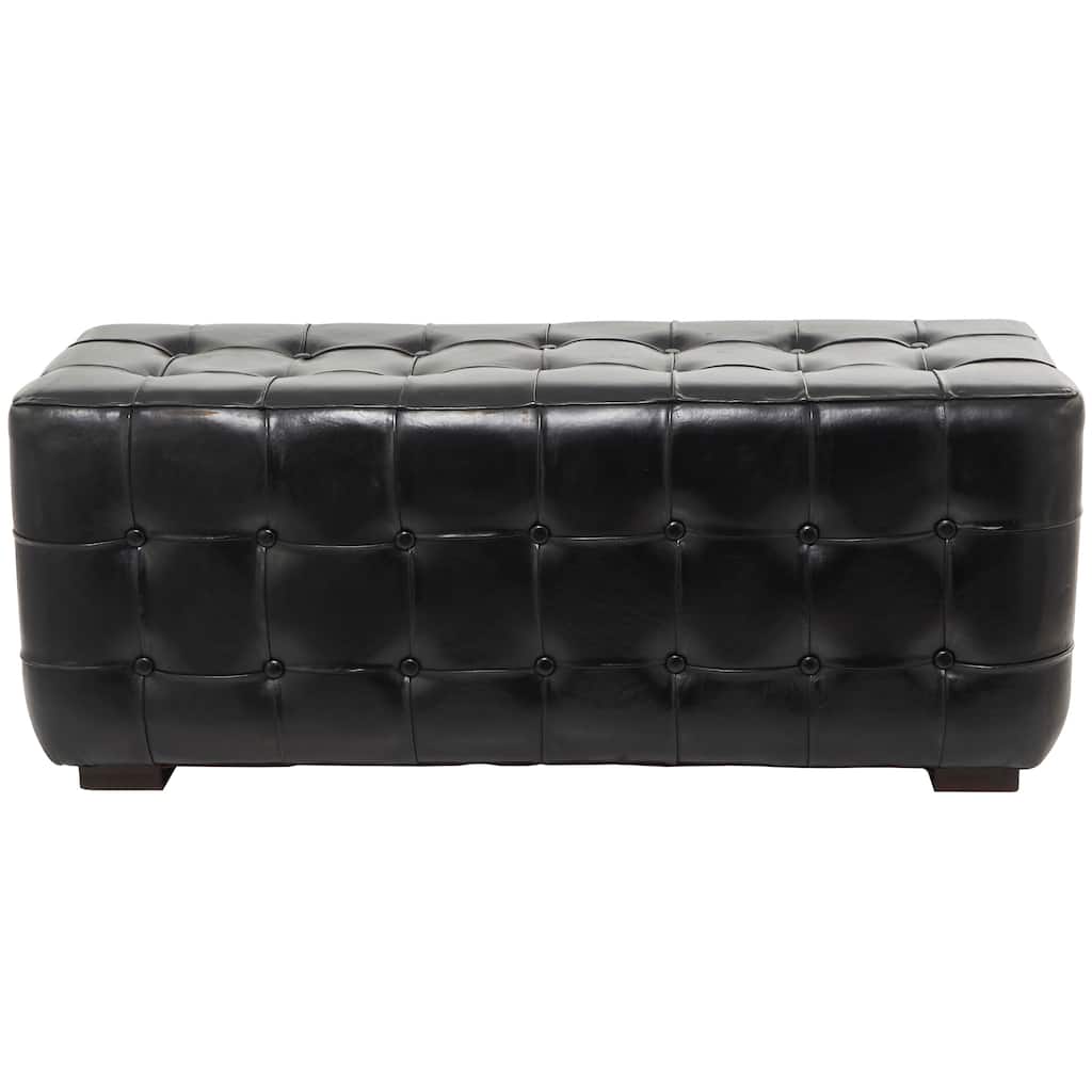 Black or Grey Leather Tufted Traditional Rectangular Ottoman