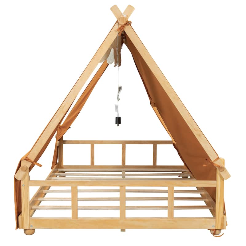 Kids House Bed with Detachable Tent Skylight and Light Features