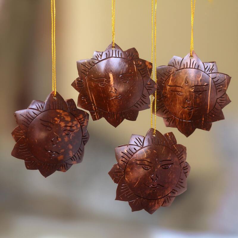 Novica Handmade Tegalalang Sun Coconut Shell Ornaments (Set Of 4)