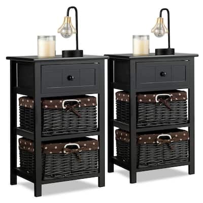 Set of 2 Paulownia Wooden Nightstand End Table with Wicker Drawer and Storage for Bedroom or Living Room