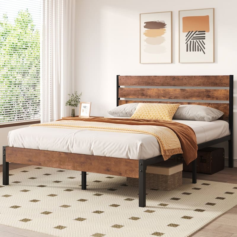 VECELO Industrial Wood Bed Frame with Headboard, Twin Size Beds/Full Size Beds/Queen Size Beds
