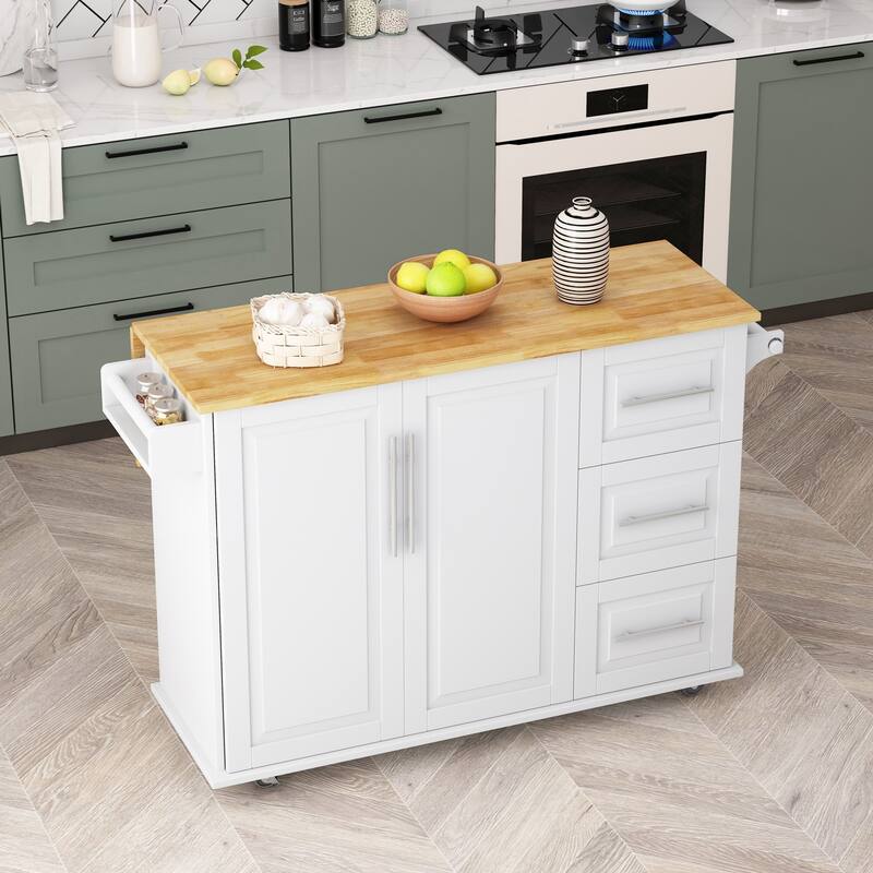 Kitchen Island Cart with 2 Door Cabinet and Three Drawers - White