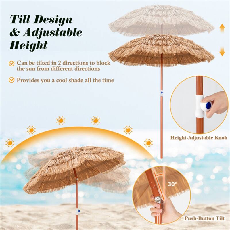 6 ft Portable Thatched Tiki Beach Umbrella with Tilt and Adjustable Height for Patio or Pool