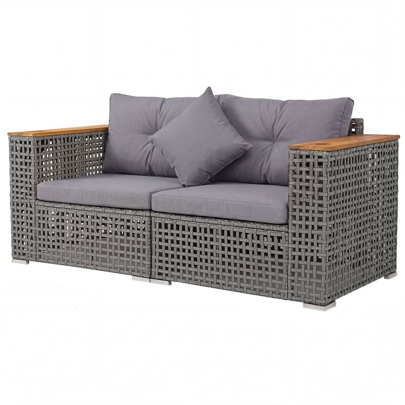 Gymax 2PCS Patio Corner Sofa Set w/Thick Cushions Wide Acacia Wood - Grey