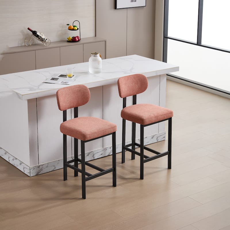Bar Stools Set of 2, 26 inch Modern Upholstered Fabric Counter Height Barstools, Kitchen Island Chairs with Black Metal Legs - Orange