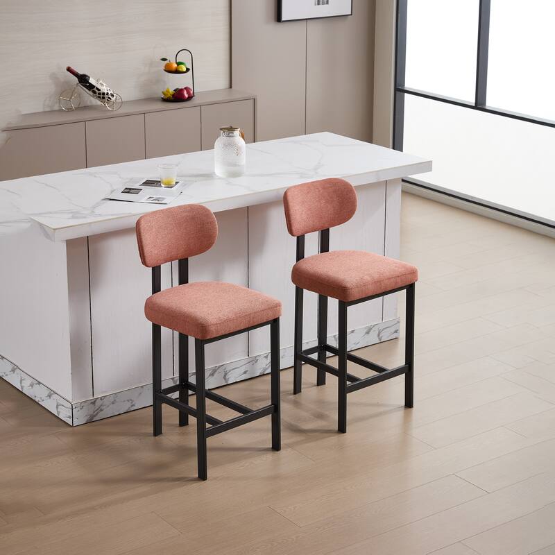 Bar Stools Set of 2, 26 inch Upholstered Fabric Counter Height Barstools, Kitchen Island Chairs with Black Metal Legs - Orange