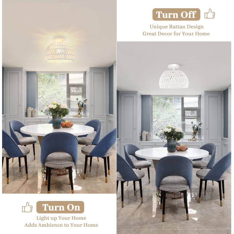 Semi Flush Mount Rattan Light Fixture Woven Ceiling Light Fixture - 2-Light