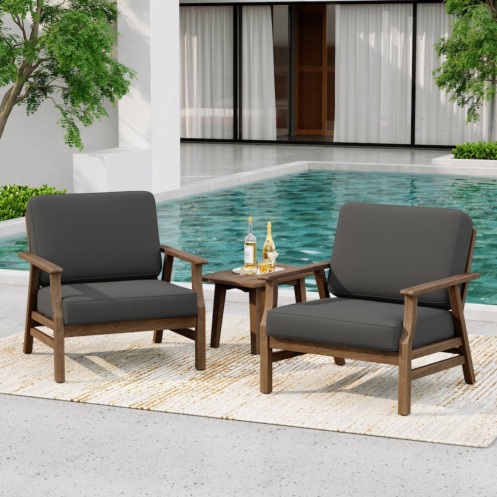 3-piece Outdoor Cushioned Bistro Set Patio Wood Conversation Set