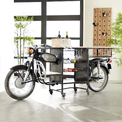 Black Metal Handmade One-of-a-Kind Reclaimed Motorcycle Bar with Light Up Headlights and Taillights - 105 x 18 x 38
