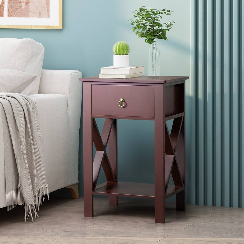 Brown MDF Coffee Side Intersection Tables with 2-Layer Drawers Set of 2 - 15.75 x 11.81 x 23.62 inches (L x W x H)