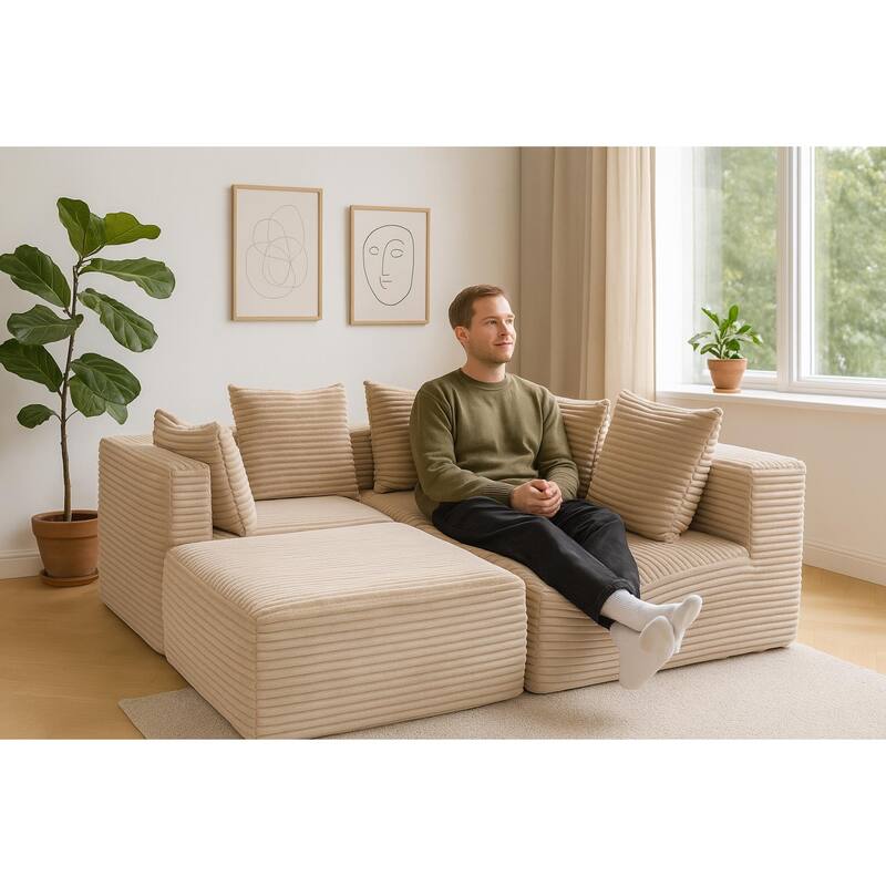 Floor Standing Deep Seat Sofa Corduroy Modular L-shaped Sectional Sofa with Chaise Lounge Compressed Sofa with Ottoman