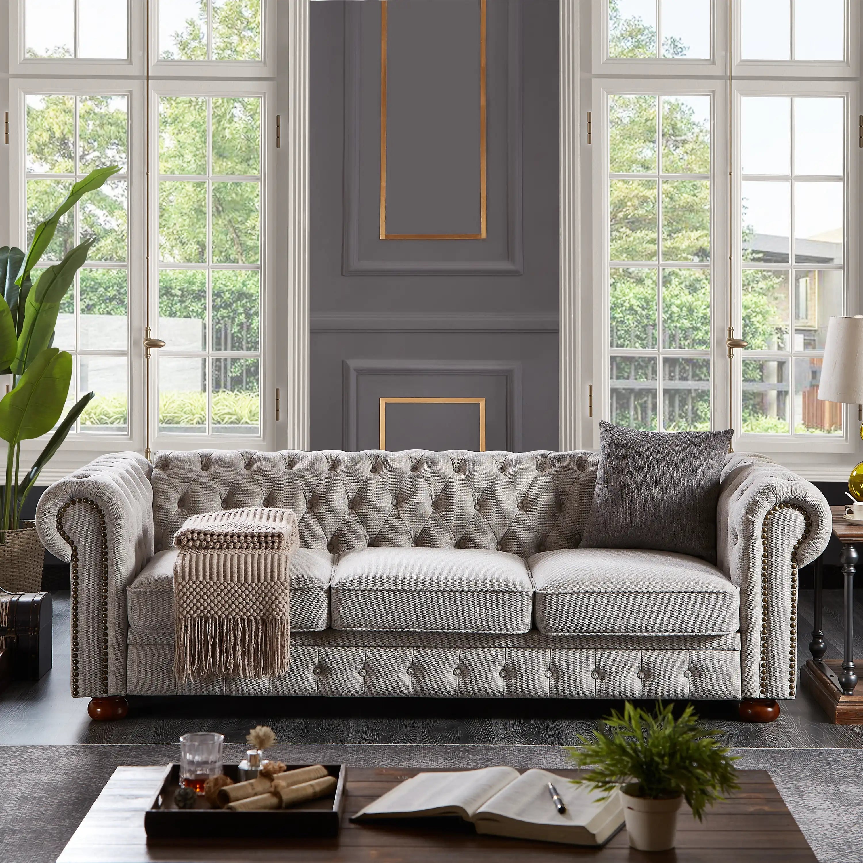 88 Inch Chesterfield Sofa with Soft Linen Fabric and Wood Legs Gray