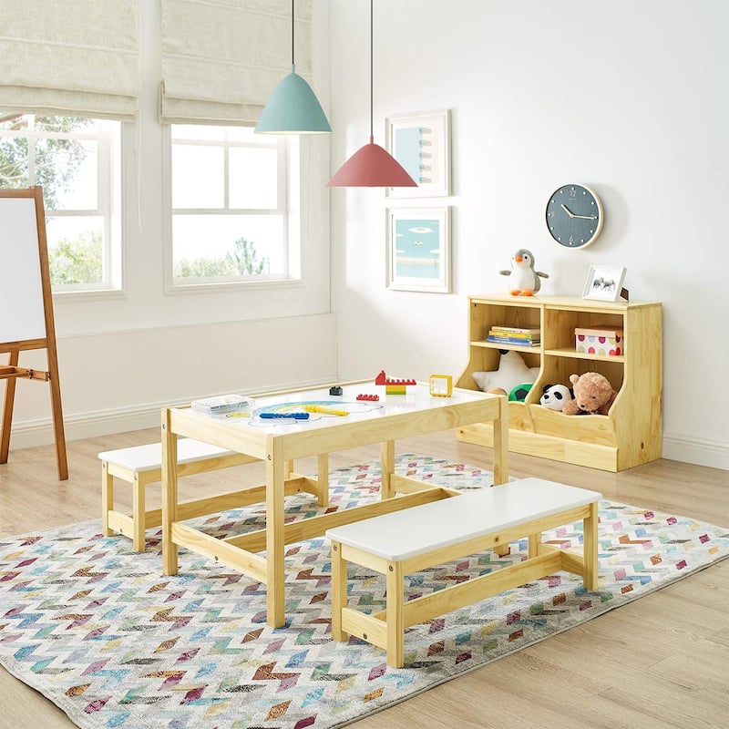 MUSEHOMEINC Wooden 3 In 1 Kids Toddlers Activity Play Table and Bench Chair Set - 35.43 x 21.02 x 19.02 inches