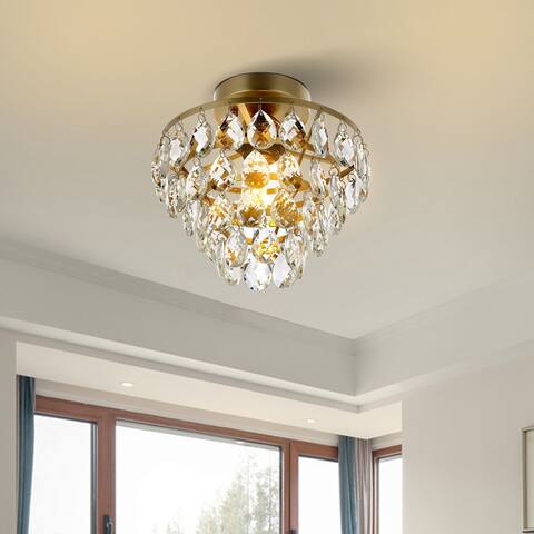 WINGBO Small Crystal Chandelier Semi Flush Mount Ceiling Light Fixture Gold - N/A