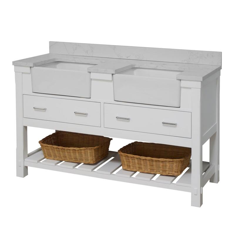 KitchenBathCollection Charlotte 60" Double Farmhouse Bathroom Vanity with Engineered Carrara Top