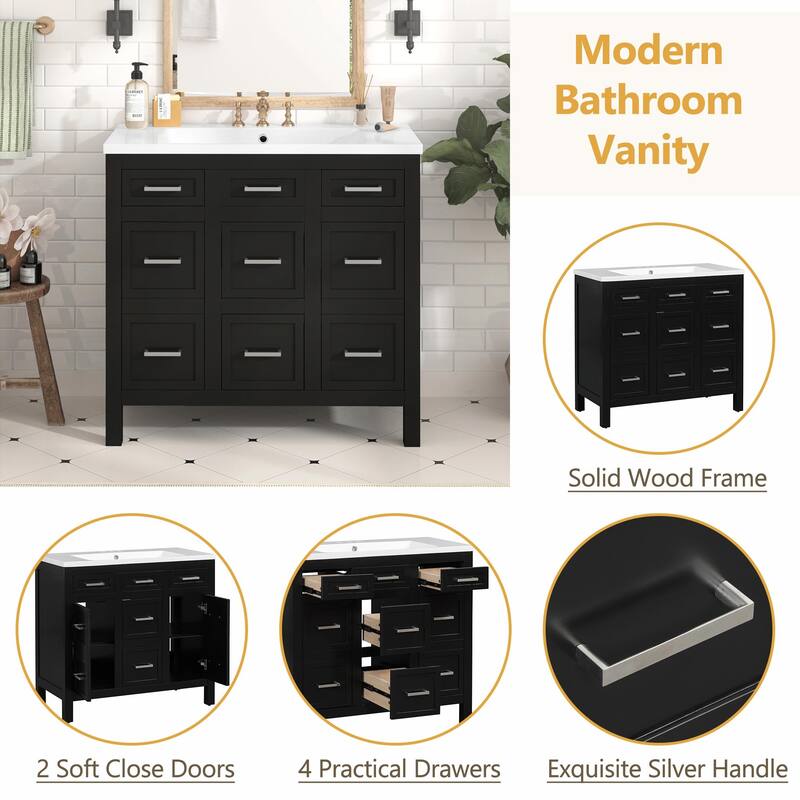 36" Bathroom Vanity with Integrated Resin Sink - 4 Drawers, 2 Doors