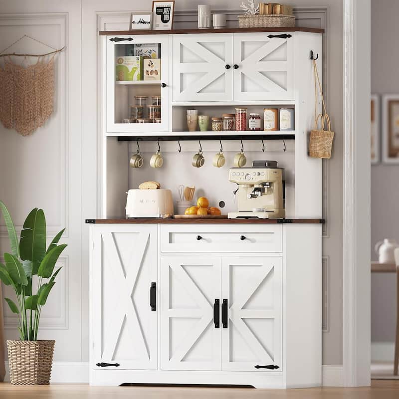 Farmhouse Kitchen Pantry Cabinet Drawer & Doors Adjustable Shelf - White