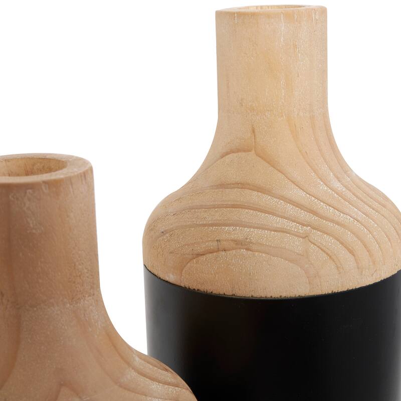 Black Wood Colorblock Decorative Vase with Light Brown Wood Tops (Set of 2)