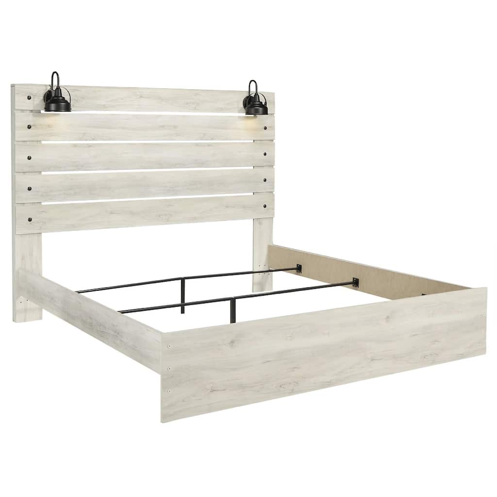 Cemy King Size Bed, Open Slat Headboard w 2 Sconce Lights Whitewash