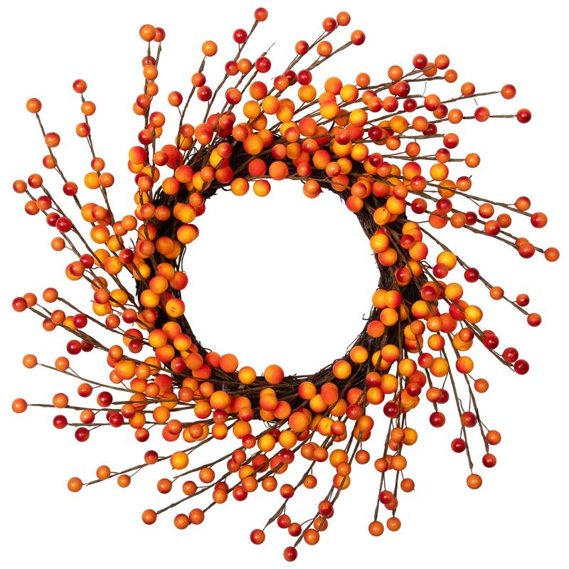 14" Orange Red Berry Artifical Fall Harvest Twig Wreath, 14", Unlit