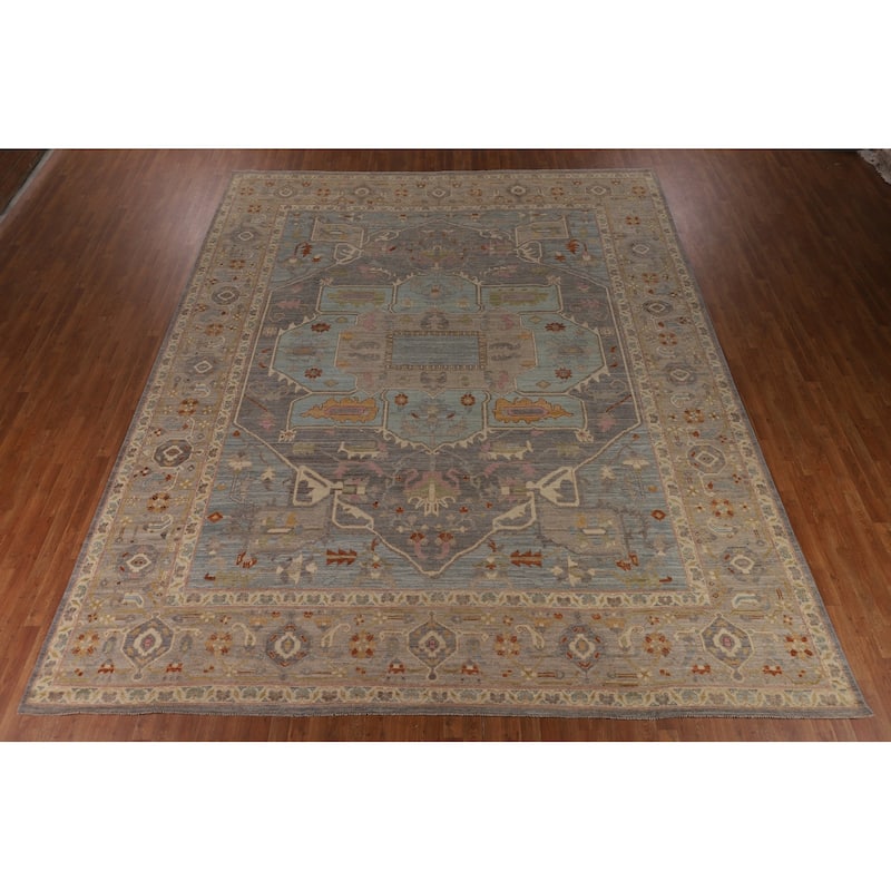 Geometric Gray Oushak Turkish Large Area Rug Hand-Knotted Wool Carpet - 12'1"x 14'6"