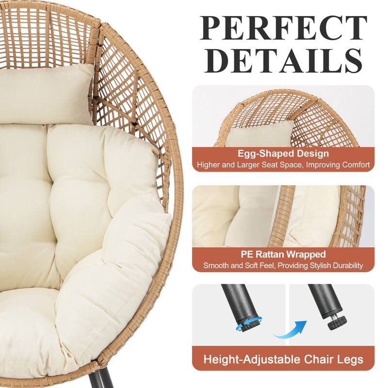 FINCATI Outdoor Wicker Egg Chair Set with Ottoman, Deep Seating, 440 lbs Capacity