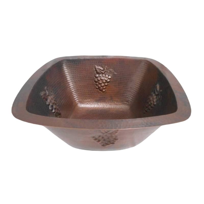 Handcrafted 15" Square Copper Kitchen Bar Sink with GRAPE Design by SimplyCopper - 15" x 15" x 7"