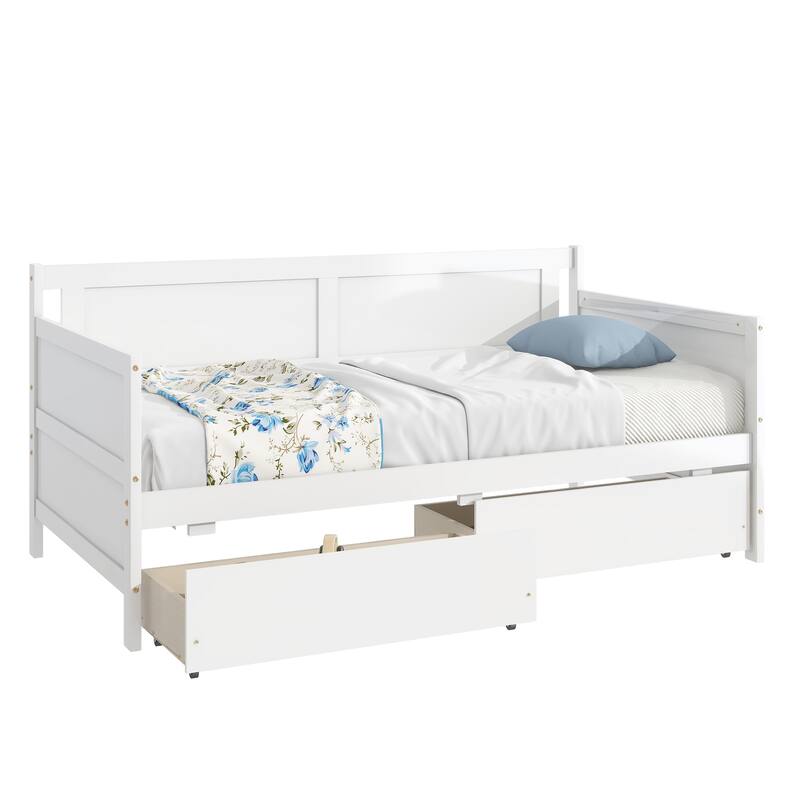 Twin Size White Pine Wood Daybed with 2 Storage Drawers, Convertible Sofa Bed for Bedroom or Living Room