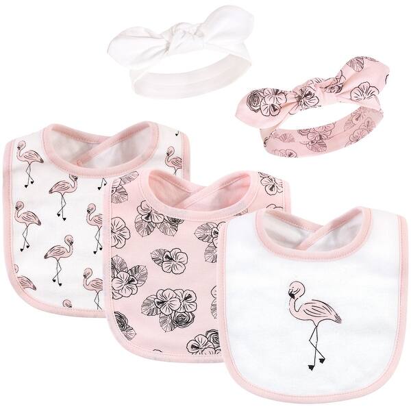 slide 1 of 1, Hudson Baby Infant Girl Cotton Bib and Headband Set 5pk, Painted Flamingo, One Size - Painted Flamingo - One Size