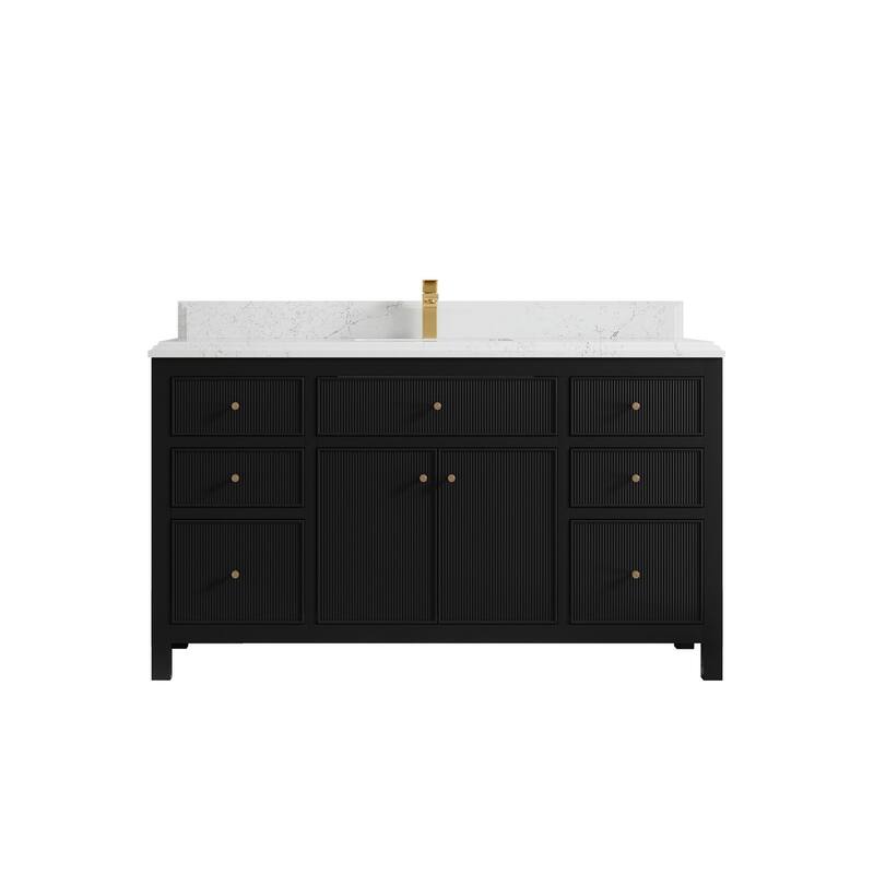 Willow Collections 60 in W x 22 in D Sonoma Free Standing Reeded Single Sink Bathroom Vanity with Countertop - 1.5" Empira White - Black