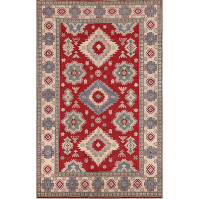 Geometric Red Kazak Oriental Area Rug Handmade Living Room Wool Carpet - 6'8" x 9'11"