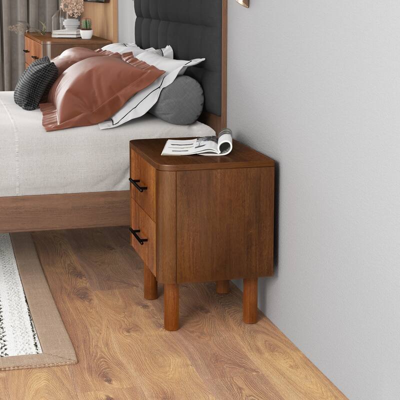 GDFStudio - Logan Mid-Century Modern Walnut Nightstand with Solid Wood Frame & 2 Storage Drawers