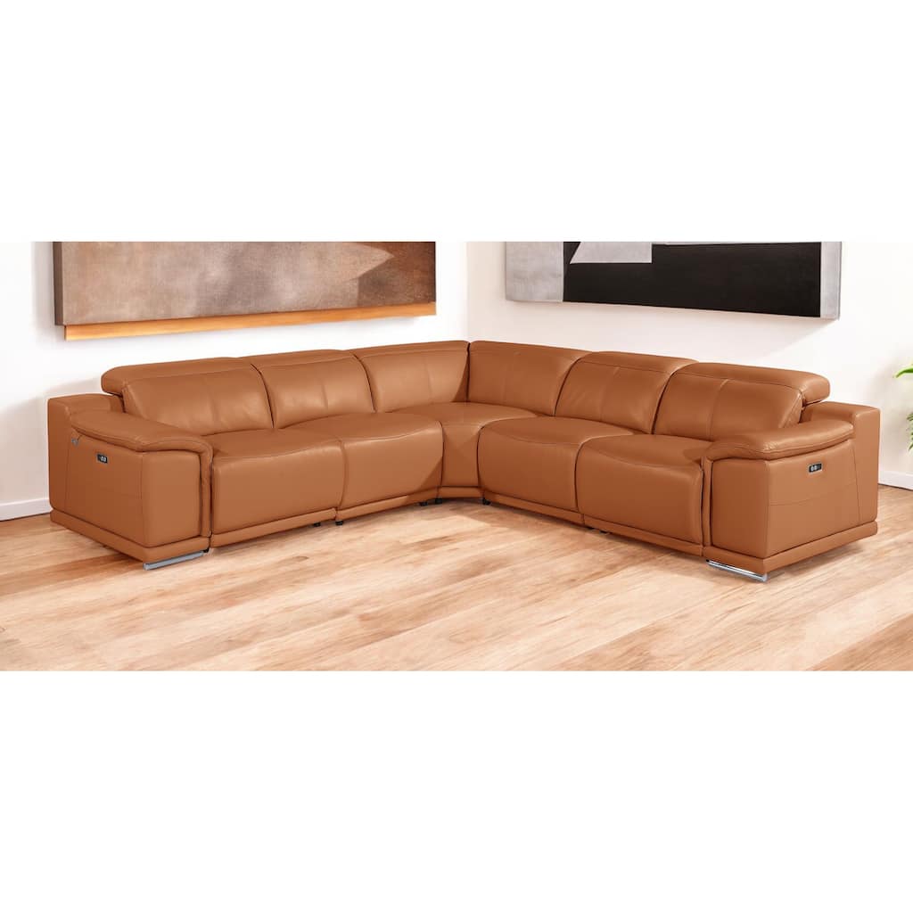 HomeRoots Camel Italian Leather Modular L Shaped Five Piece Corner Sectional