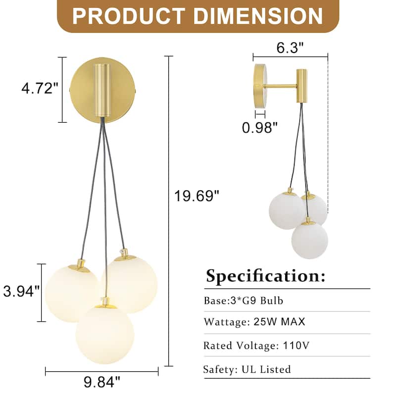 3-Light Modern Gold Metal Wall Sconce Glass Globe Shades